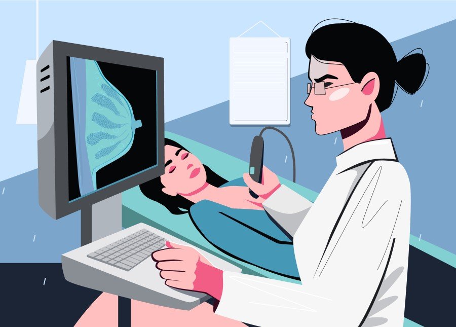 Breast ultrasound examination performed by a medical professional