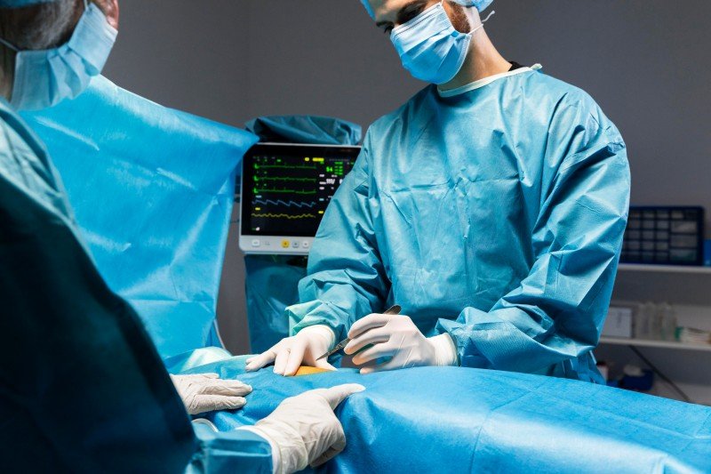Surgeons performing a laparoscopic surgical procedure in an operating room