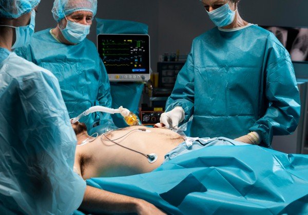 Surgeons performing hernia surgery on a patient in an operating room with surgical instruments and vital signs monitoring equipment